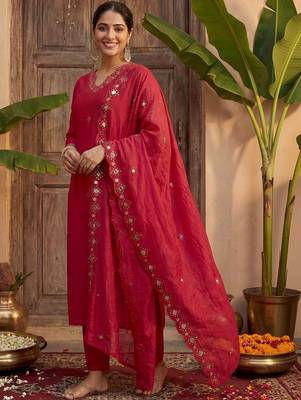 Women V-Neck Mirror Work Kurta with Trousers & Dupatta 3
