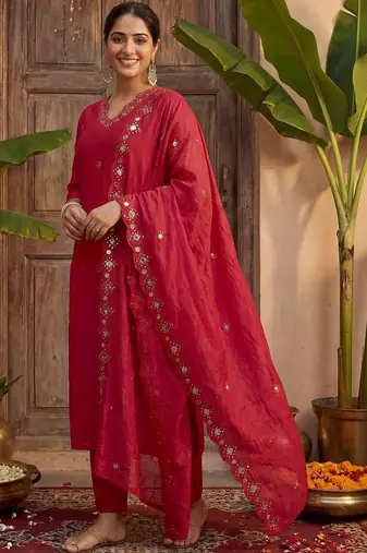 Women V-Neck Mirror Work Kurta with Trousers & Dupatta