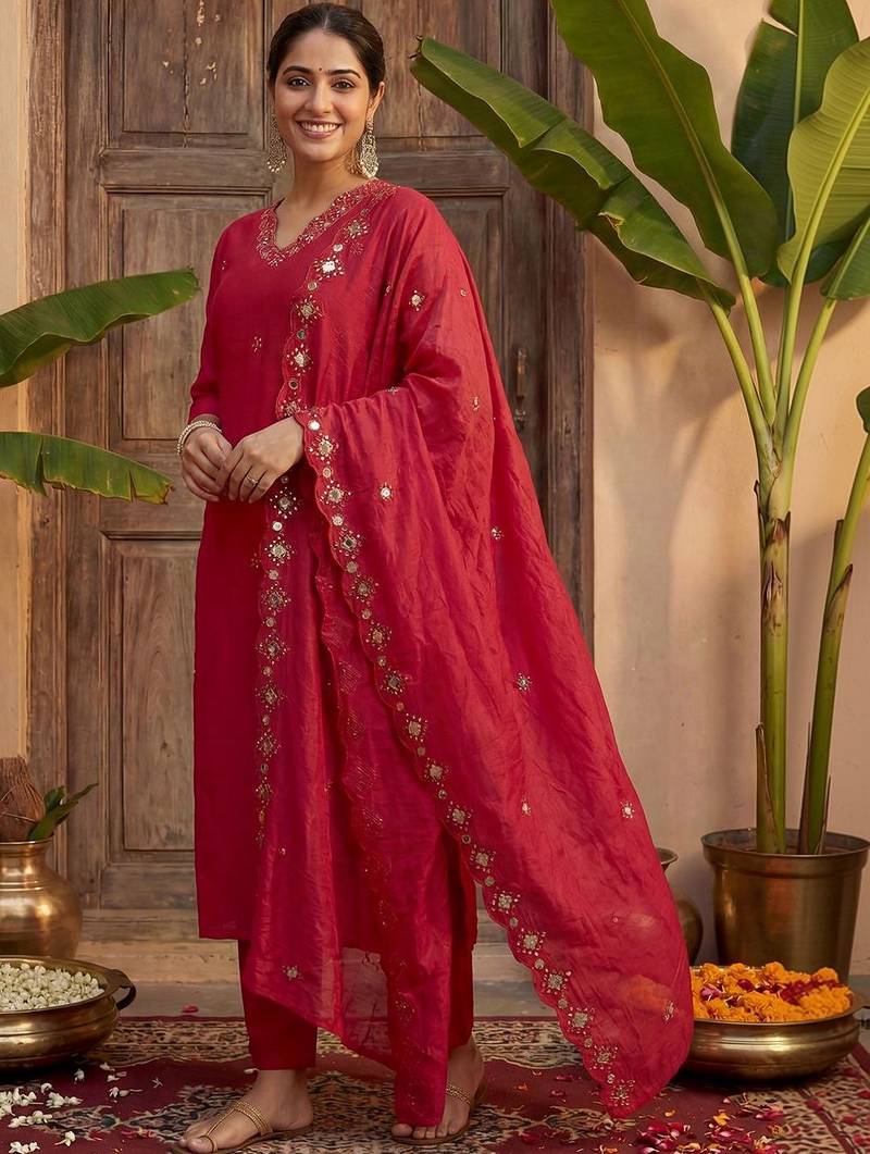 Women V-Neck Mirror Work Kurta with Trousers & Dupatta