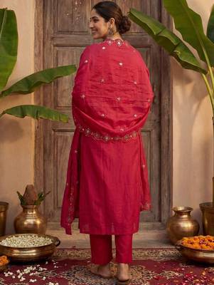 Women V-Neck Mirror Work Kurta with Trousers & Dupatta 4