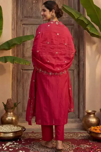 Women V-Neck Mirror Work Kurta with Trousers & Dupatta