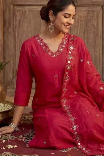 Women V-Neck Mirror Work Kurta with Trousers & Dupatta