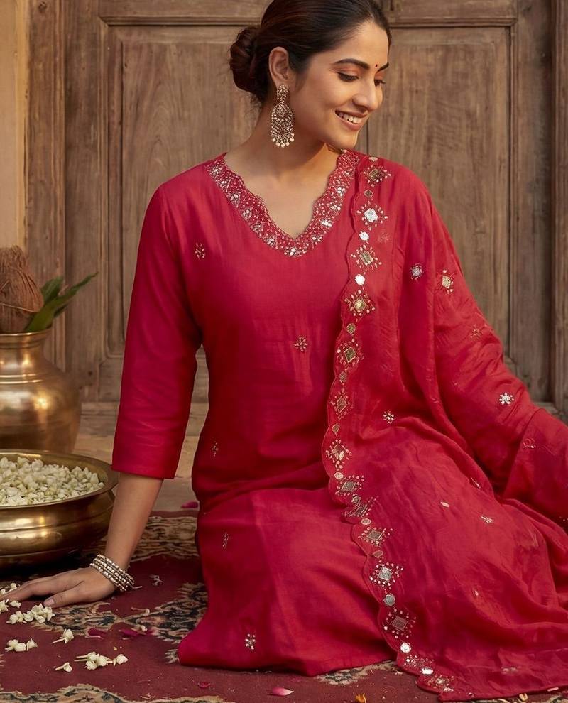 Women V-Neck Mirror Work Kurta with Trousers & Dupatta