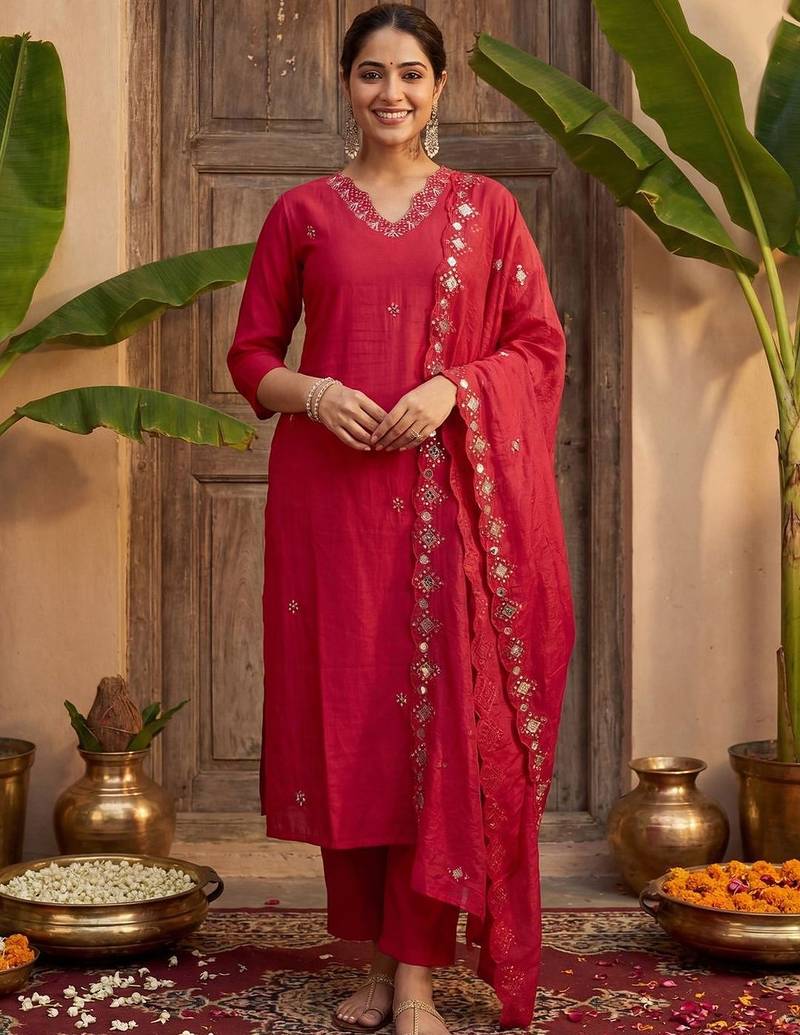 Women V-Neck Mirror Work Kurta with Trousers & Dupatta