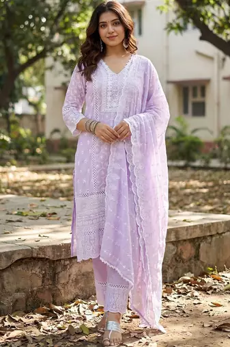 Women Ethnic Motifs Embroidered Regular Thread Work Pure Cotton Kurta with Trousers & With Dupatta