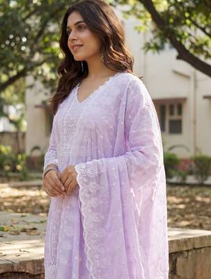 Women Ethnic Motifs Embroidered Regular Thread Work Pure Cotton Kurta with Trousers & With Dupatta 3