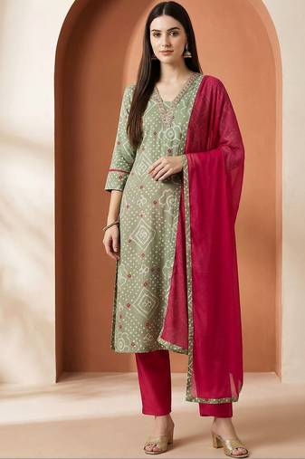 Women Bandhani Printed Regular Thread Work Pure Cotton Kurta with Trousers & With Dupatta