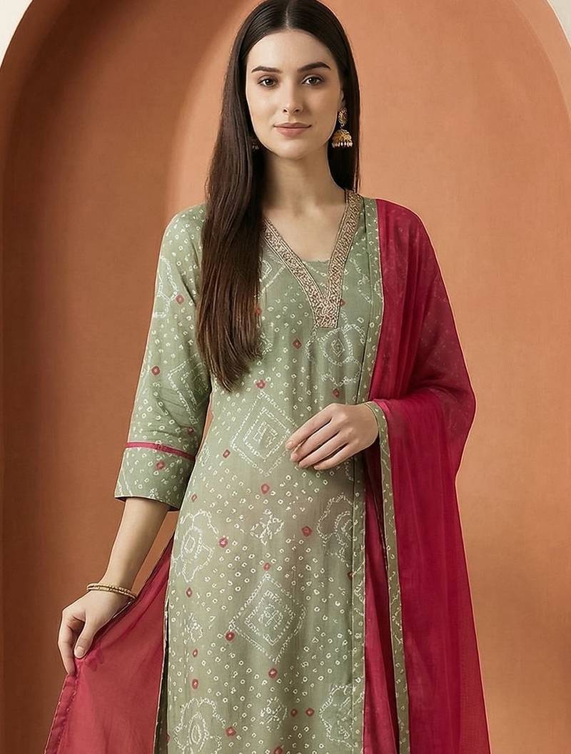 Women Bandhani Printed Regular Thread Work Pure Cotton Kurta with Trousers & With Dupatta