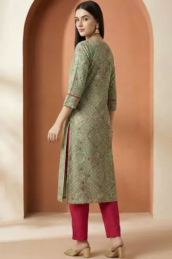 Women Bandhani Printed Regular Thread Work Pure Cotton Kurta with Trousers & With Dupatta