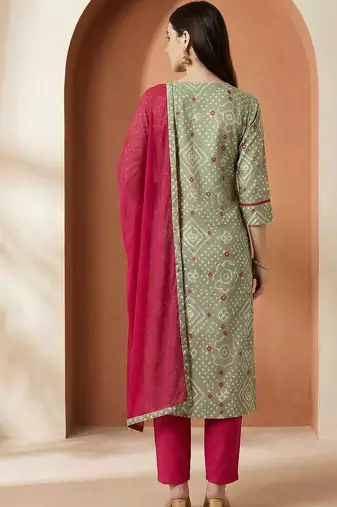 Women Bandhani Printed Regular Thread Work Pure Cotton Kurta with Trousers & With Dupatta