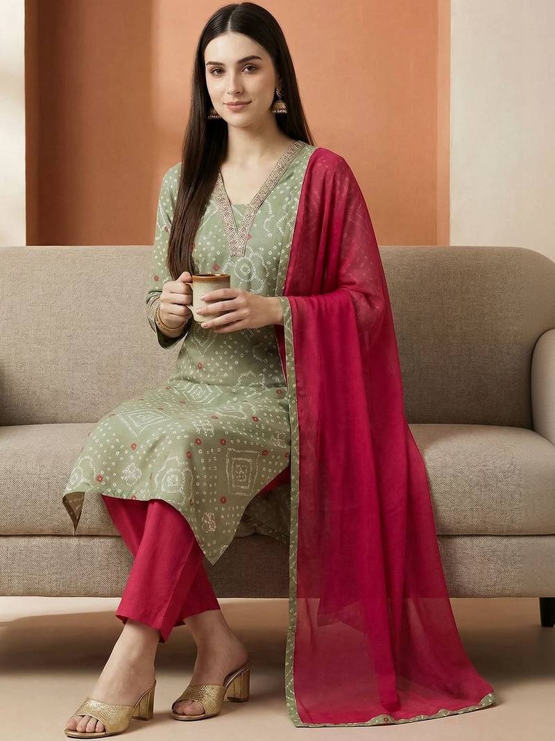 Women Bandhani Printed Regular Thread Work Pure Cotton Kurta with Trousers & With Dupatta