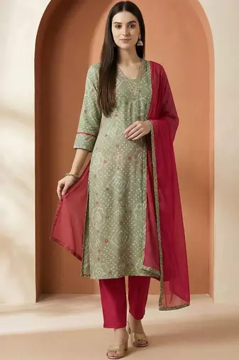 Women Bandhani Printed Regular Thread Work Pure Cotton Kurta with Trousers & With Dupatta