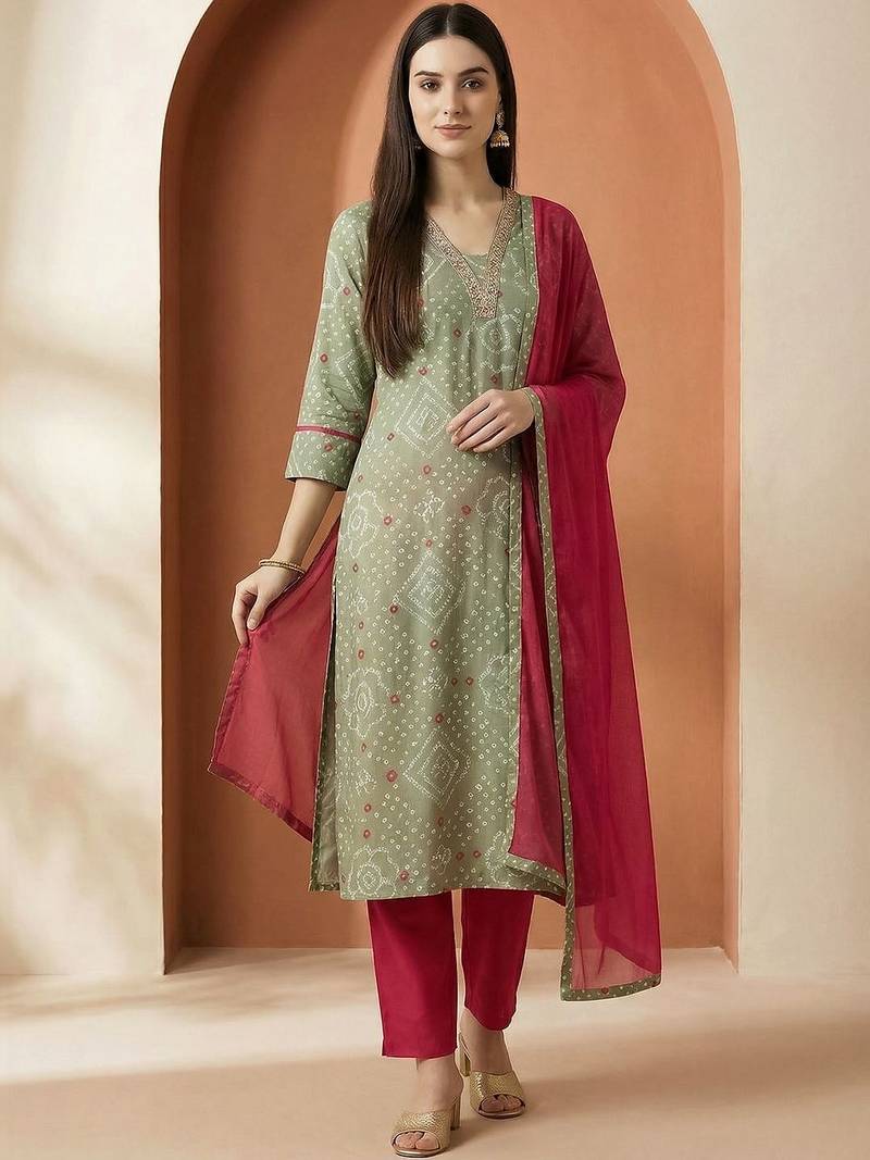 Women Bandhani Printed Regular Thread Work Pure Cotton Kurta with Trousers & With Dupatta