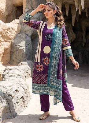 Women   s Printed Kurta Pant & Dupatta Set     Purple & Teal 1