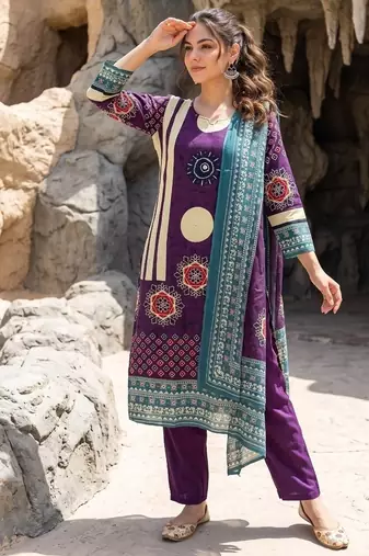 Women   s Printed Kurta Pant & Dupatta Set     Purple & Teal