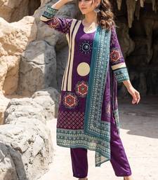 Women   s Printed Kurta Pant & Dupatta Set     Purple & Teal