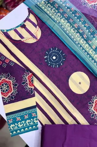 Women   s Printed Kurta Pant & Dupatta Set     Purple & Teal
