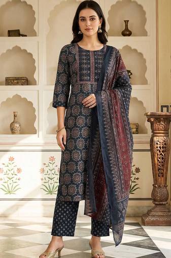 Women Ethnic Motifs Printed Regular Pure Cotton Kurta with Trousers & With Dupatta