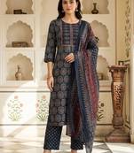 Women Ethnic Motifs Printed Regular Pure Cotton Kurta with Trousers & With Dupatta