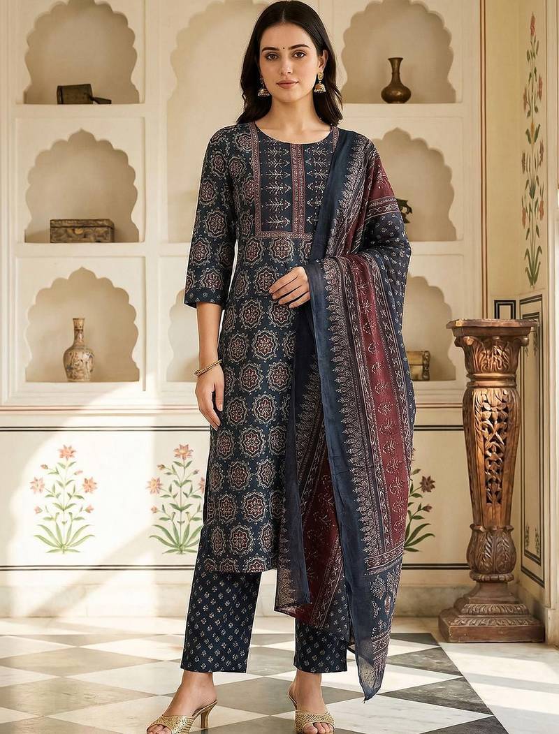 Women Ethnic Motifs Printed Regular Pure Cotton Kurta with Trousers & With Dupatta