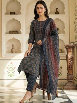 Women Ethnic Motifs Printed Regular Pure Cotton Kurta with Trousers & With Dupatta 5