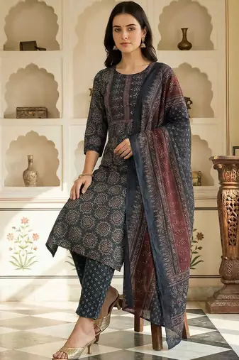 Women Ethnic Motifs Printed Regular Pure Cotton Kurta with Trousers & With Dupatta