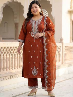 Plus Size Rust Embroidered Straight Kurta Trousers With Dupatta Set 1