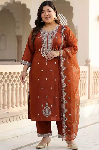 Plus Size Rust Embroidered Straight Kurta Trousers With Dupatta Set