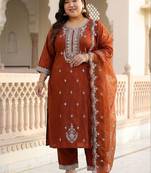 Plus Size Rust Embroidered Straight Kurta Trousers With Dupatta Set