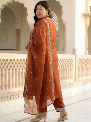 Plus Size Rust Embroidered Straight Kurta Trousers With Dupatta Set 2