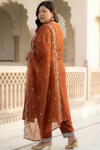 Plus Size Rust Embroidered Straight Kurta Trousers With Dupatta Set