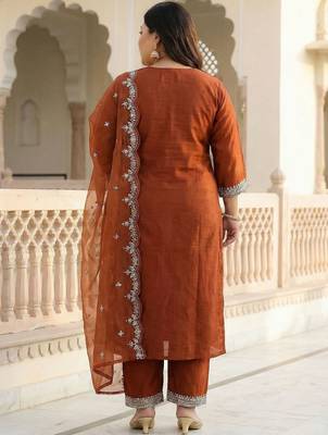 Plus Size Rust Embroidered Straight Kurta Trousers With Dupatta Set 3