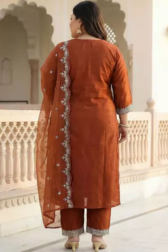 Plus Size Rust Embroidered Straight Kurta Trousers With Dupatta Set