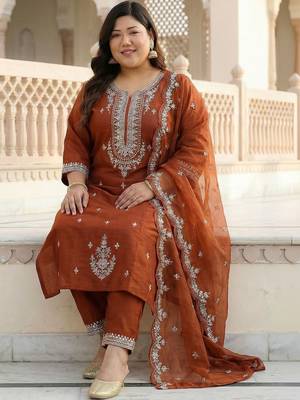 Plus Size Rust Embroidered Straight Kurta Trousers With Dupatta Set 4