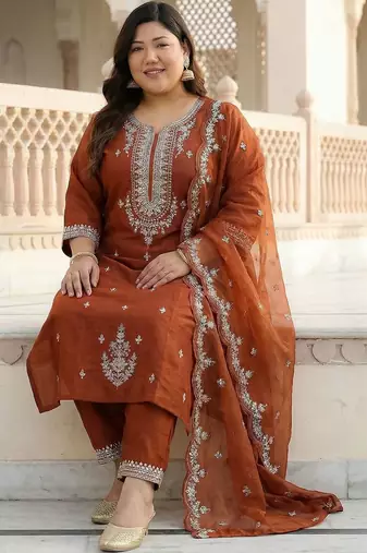 Plus Size Rust Embroidered Straight Kurta Trousers With Dupatta Set
