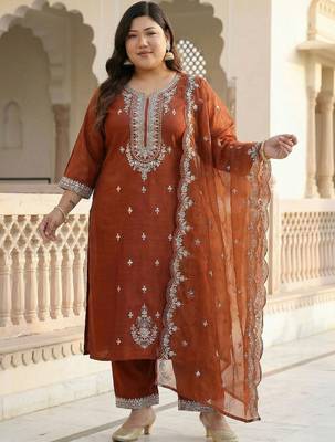 Plus Size Rust Embroidered Straight Kurta Trousers With Dupatta Set 5