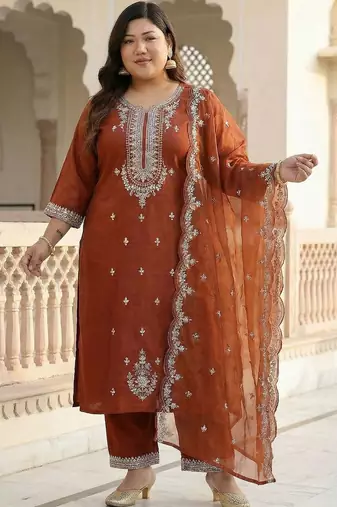 Plus Size Rust Embroidered Straight Kurta Trousers With Dupatta Set