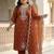Plus Size Rust Embroidered Straight Kurta Trousers With Dupatta Set