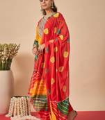 Women Leheriya Dyed Regular Thread Work Kurta with Trousers & With Dupatta