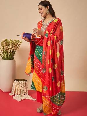 Women Leheriya Dyed Regular Thread Work Kurta with Trousers & With Dupatta 2