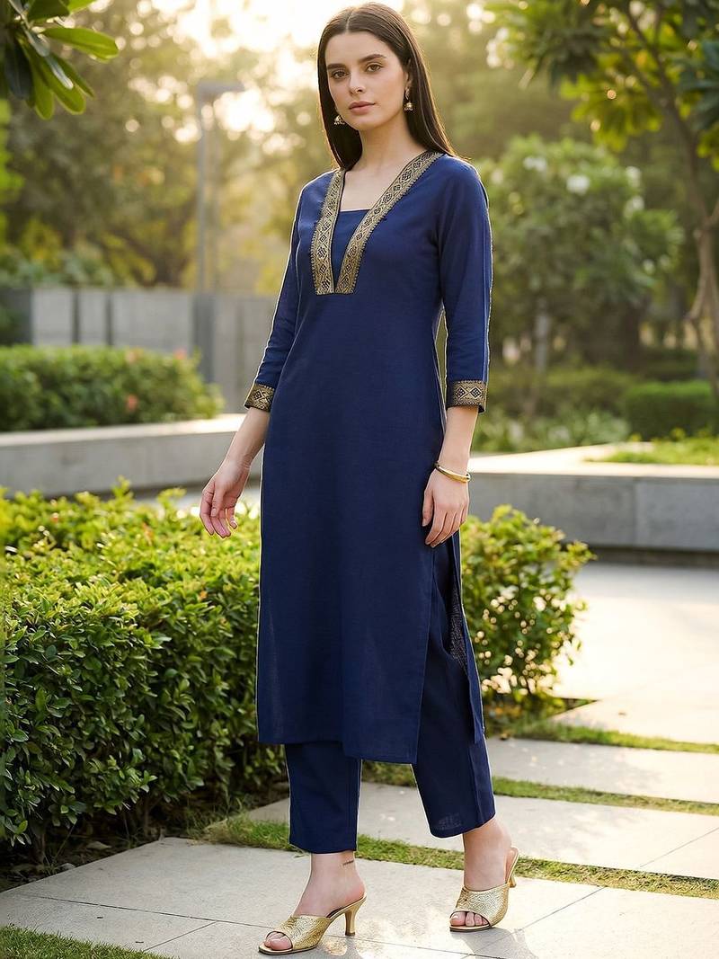 Women Regular Thread Work Kurta with Trousers