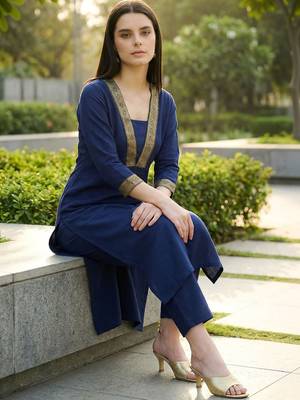 Women Regular Thread Work Kurta with Trousers 6