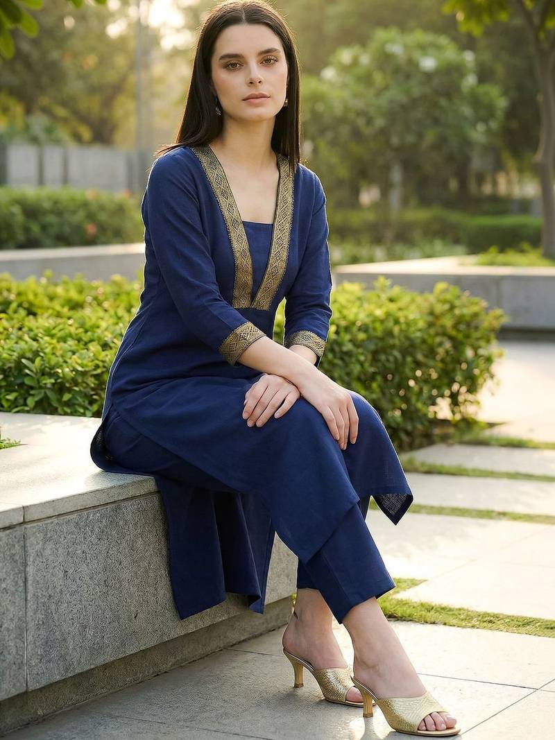 Women Regular Thread Work Kurta with Trousers