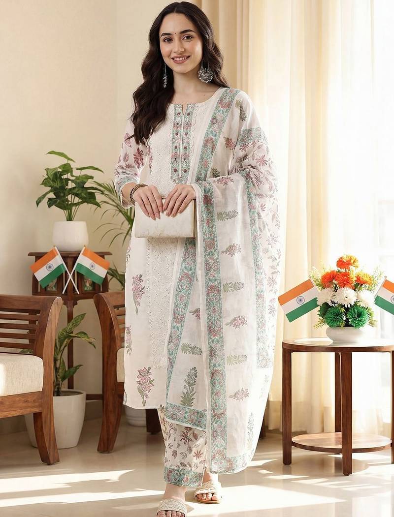 Women Floral Printed Regular Thread Work Kurta with Trousers & With Dupatta
