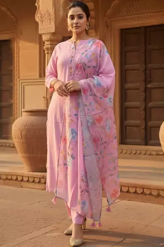 Women Floral Regular Thread Work Kurta with Trousers & With Dupatta