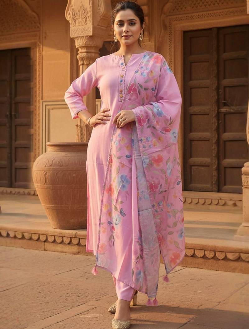 Women Floral Regular Thread Work Kurta with Trousers & With Dupatta