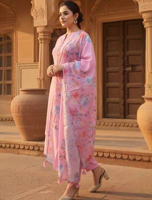 Women Floral Regular Thread Work Kurta with Trousers & With Dupatta 5