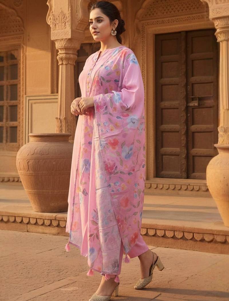 Women Floral Regular Thread Work Kurta with Trousers & With Dupatta