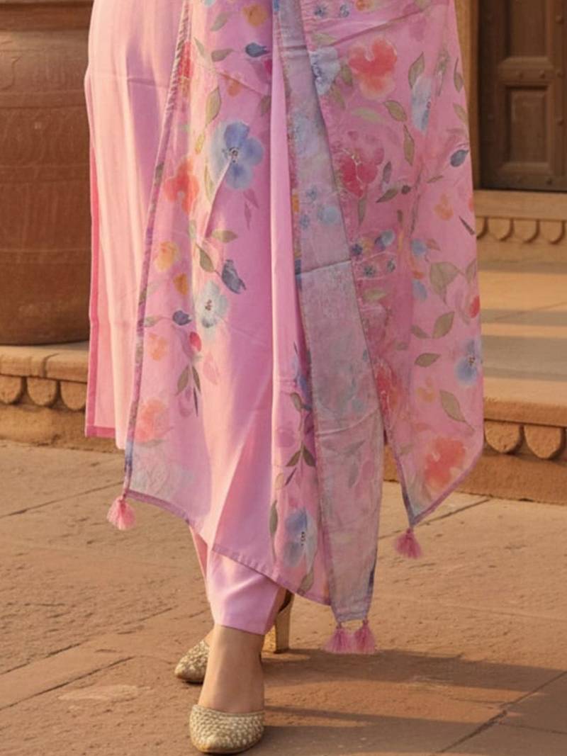 Women Floral Regular Thread Work Kurta with Trousers & With Dupatta