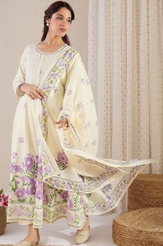 Women Floral Printed Regular Pure Cotton Kurta with Trousers & With Dupatta